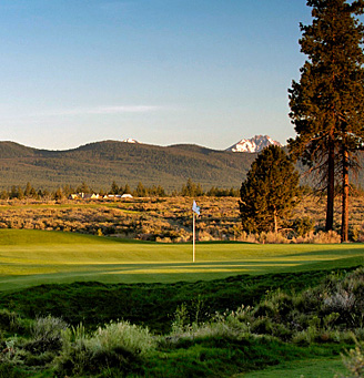 A golf course flag stands still on a green, surrounded by lush grass and shrubs. Tall trees and distant mountains create a serene backdrop under a clear blue sky.