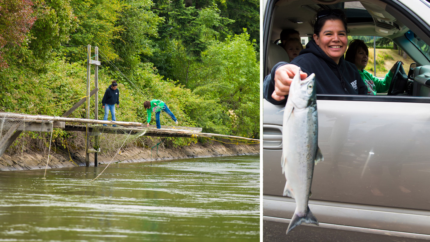 Photo on the left shows a woman catching a fish in a net while standing on a wooden platform; photo on the right is a woman holding the freshly caught fish out of her car's window