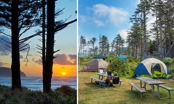 A picture on the left shows the sun setting over the ocean; a picture on the right shows multiple tents and picnic tables