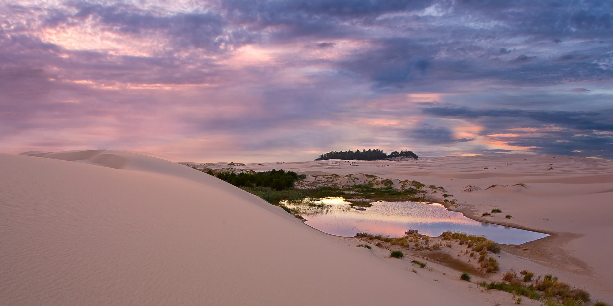 Sand dunes stretch across the landscape, surrounding a reflective water pool under a vibrant, colorful sky, with scattered vegetation and distant trees on the horizon.