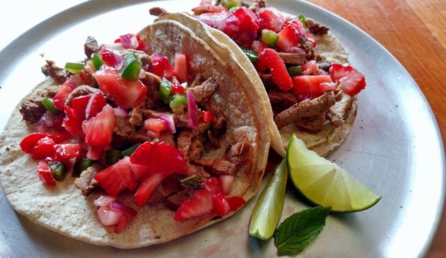 Steak tacos with strawberry salsa at Conversion Brewing