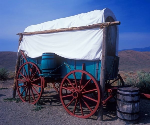 Pioneer wagon encampment display at the National Historic Oregon Trail Interpretive Center in Baker City