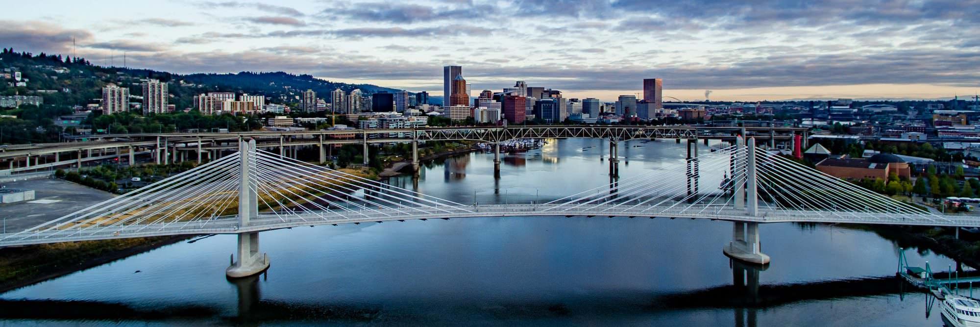 A bird's-eye view of Portland shows off the city's newest bridge, Trillium.