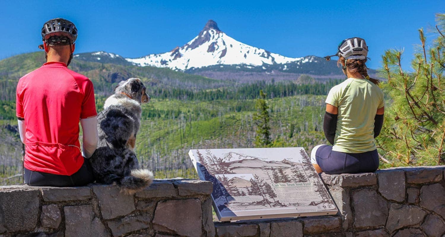 Cyclists and dog sitting, looking at Mt. Washington