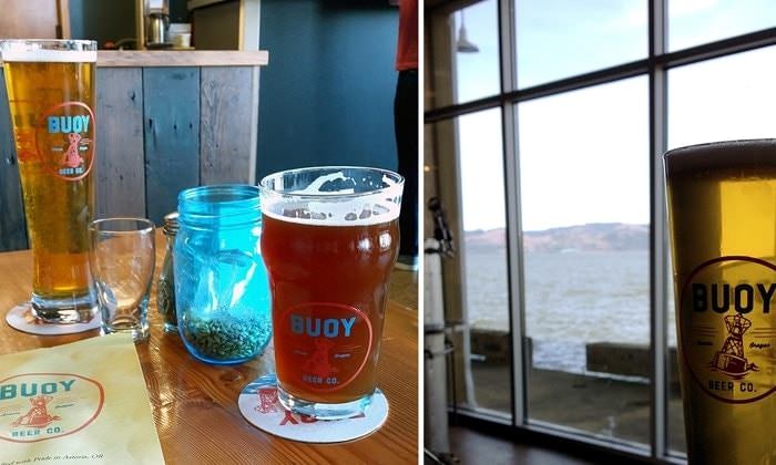 Pints at Buoy Beer in Astoria with water in background