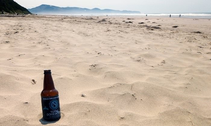 Bottle of Ninkasi Total Domination on the sand at Oregon beach