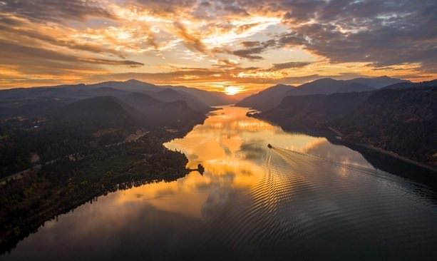 Bird's-eye view of the Columbia River at sunrise