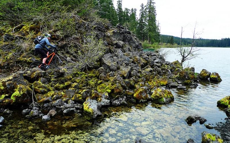 Mountain biker pedals past mossy rocks along McKenzie River.
