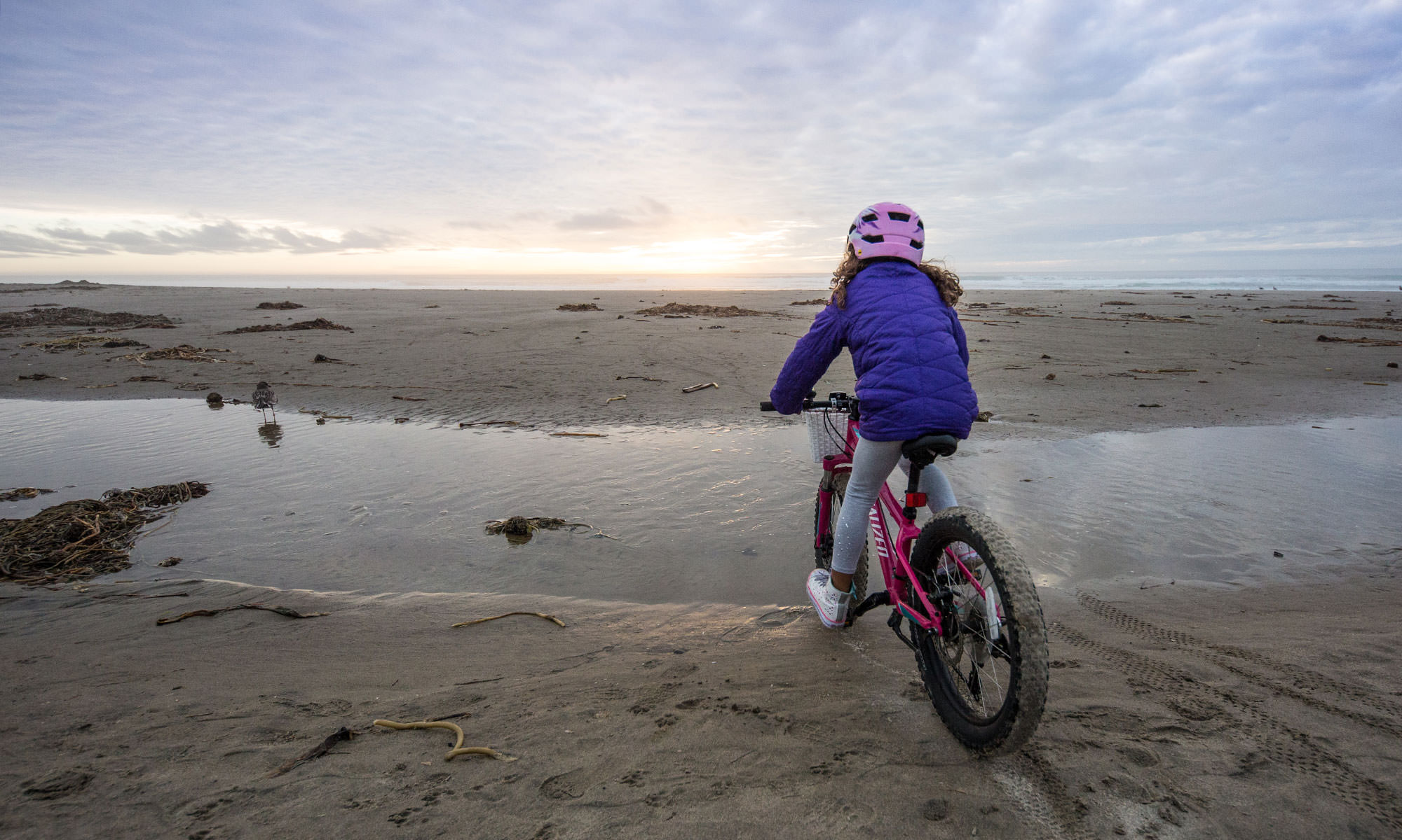 A young girl looks out on the beach from her fat bike.
