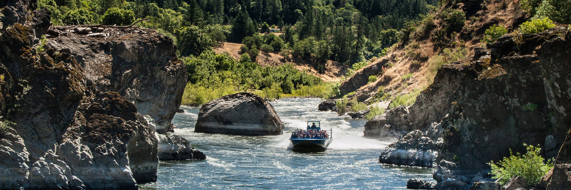 A boat speeding through a narrow river, creating splashes, surrounded by rocky cliffs and dense forest on a sunny day.