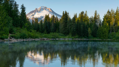 The image of Mt. Hood reflects off the aptly named Mirror Lake.