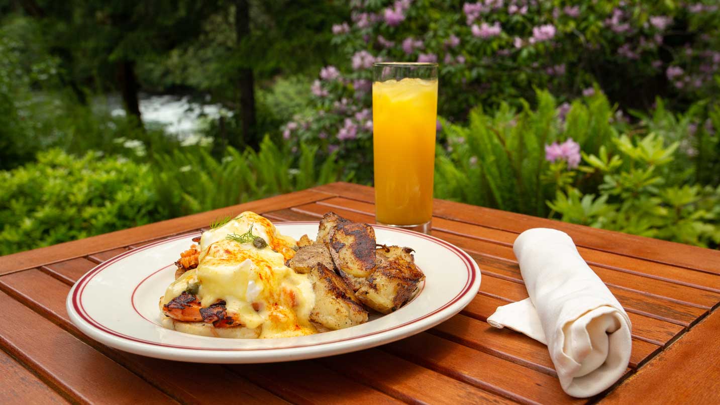 A hearty breakfast of potatoes, an omelette and orange juice overlooking the Umpqua River.