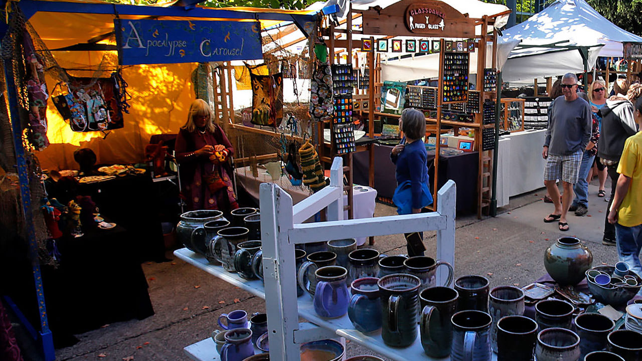 A pottery booth, tie dye and more can be found at the Eugene Saturday Market.