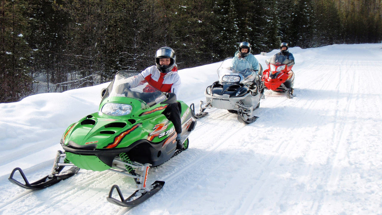 Three snowmobiles (and their riders) line up a groomed trail in the Mt. Hood National Forest.
