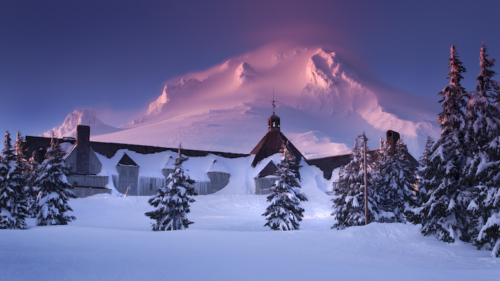 A stunning alpenglow on Mt. Hood with Timberline Lodge in the foreground. Photo credit: Timberline Lodge & Ski Area