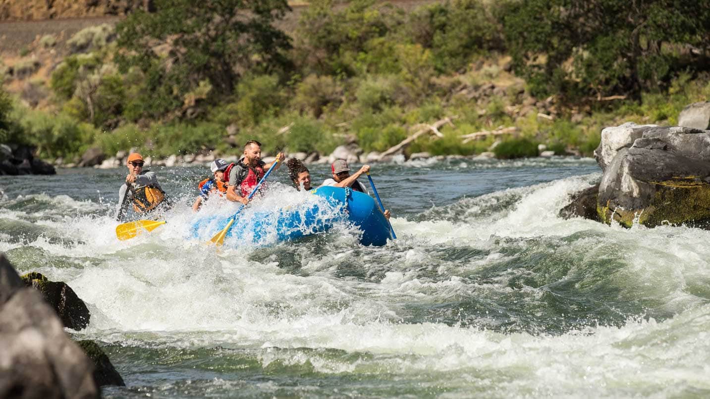 Rafters paddle through whitewater on the Deschutes River.