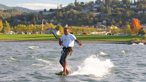 A man windsurfs on the Columbia River.