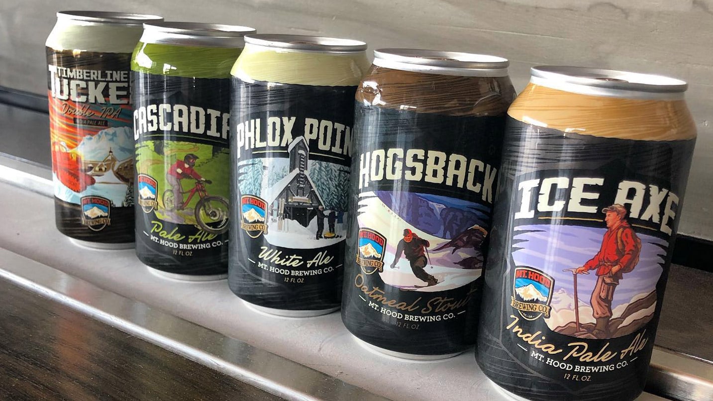 Cans of Mt. Hood Brewing beer.