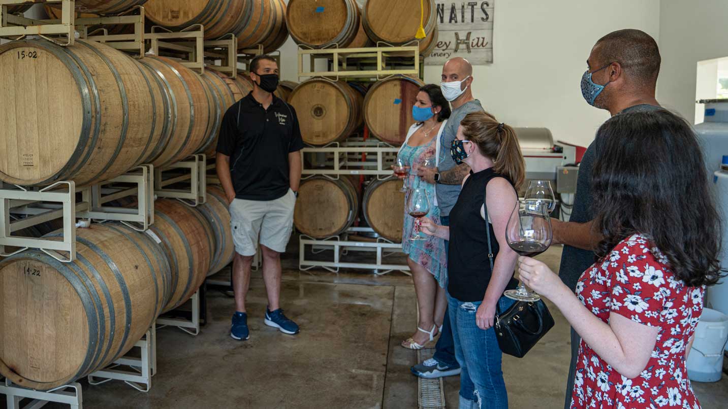 Masked guests learn about wine in front of barrels.