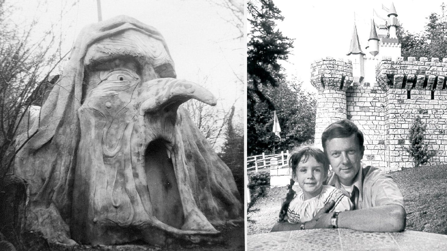 Two black-and-white photos of the original witch structure and Tofte with his daughter.