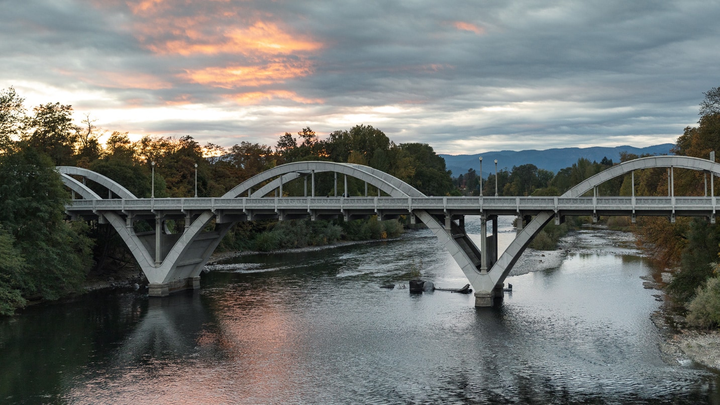 Bridge over the Rogue River at sunset