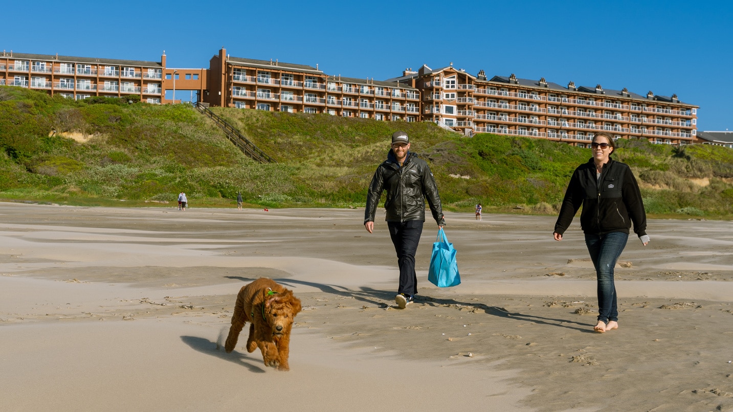 Two people play with their dog on the beach in front of a hotel