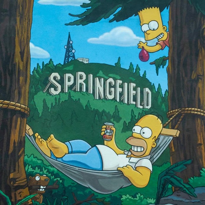 Illustration of Homer and Bart Simpson with Springfield sign in background