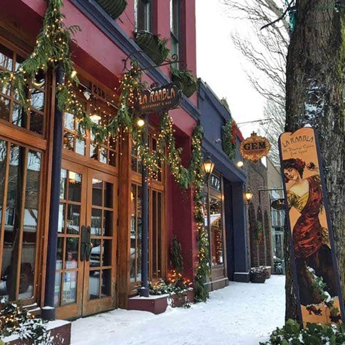 Businesses along main street McMinnville decked out for the holidays and dusting of snow.