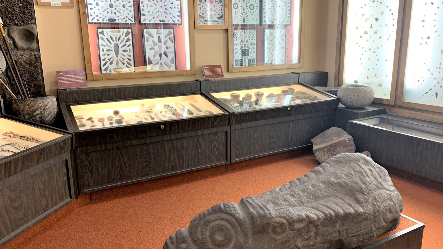 Indian artifacts in display cases