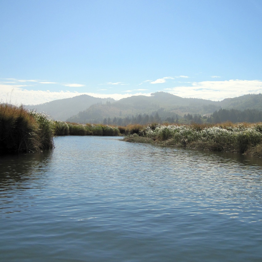 A calm river with distant hills