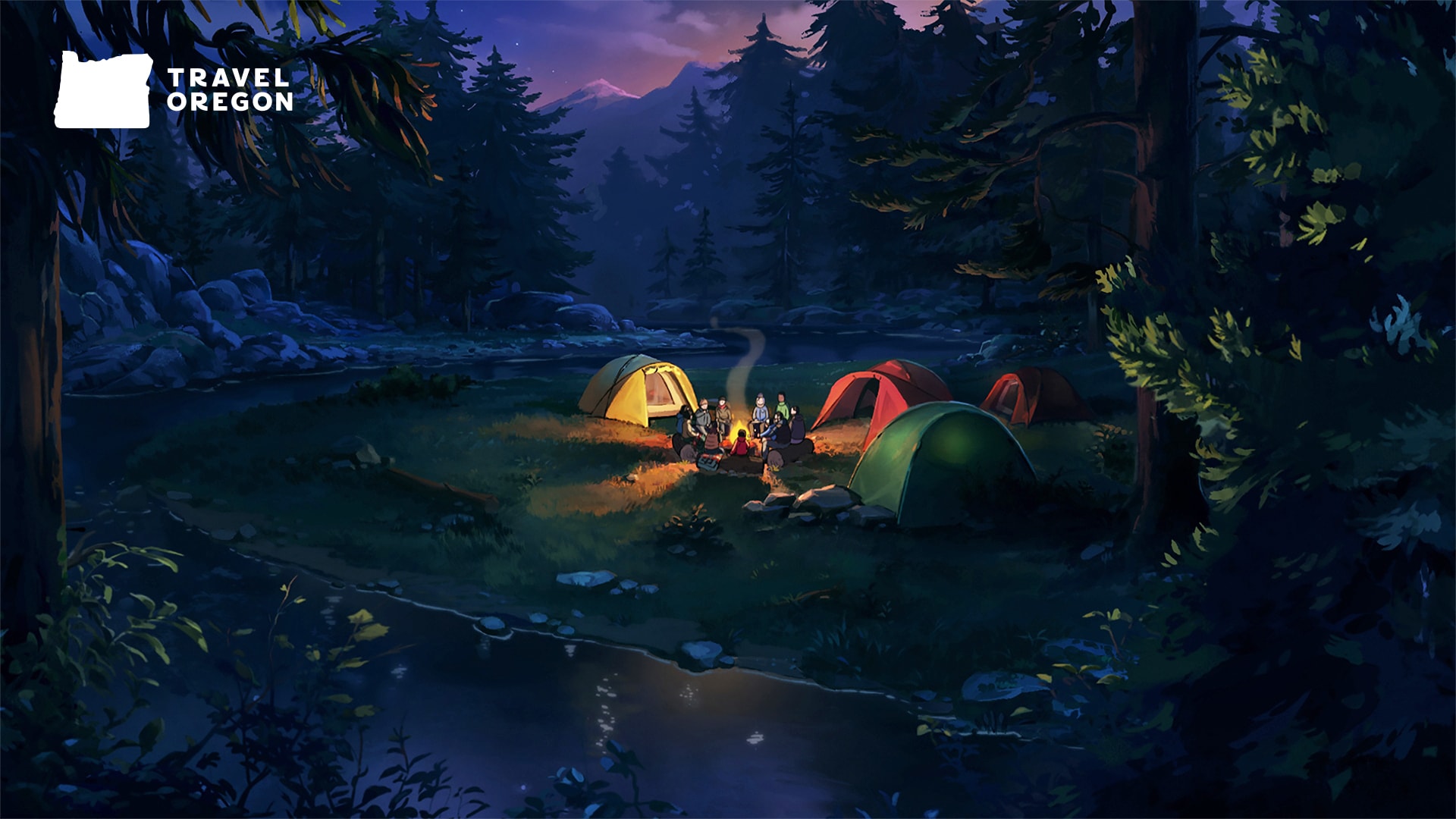 Illustration of colorful tents encircling a campfire at night.