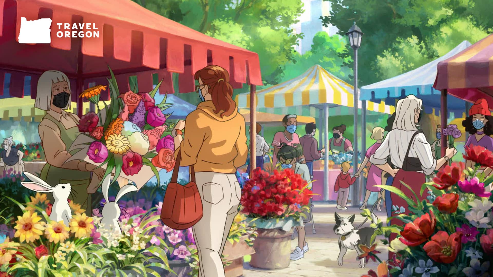 People shopping at colorful farmers market.