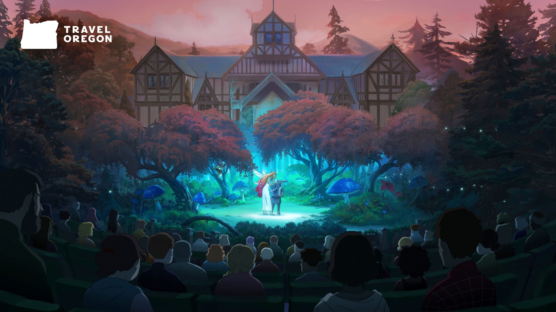 Illustration of actors center stage at night with Elizabethan Theater in background.