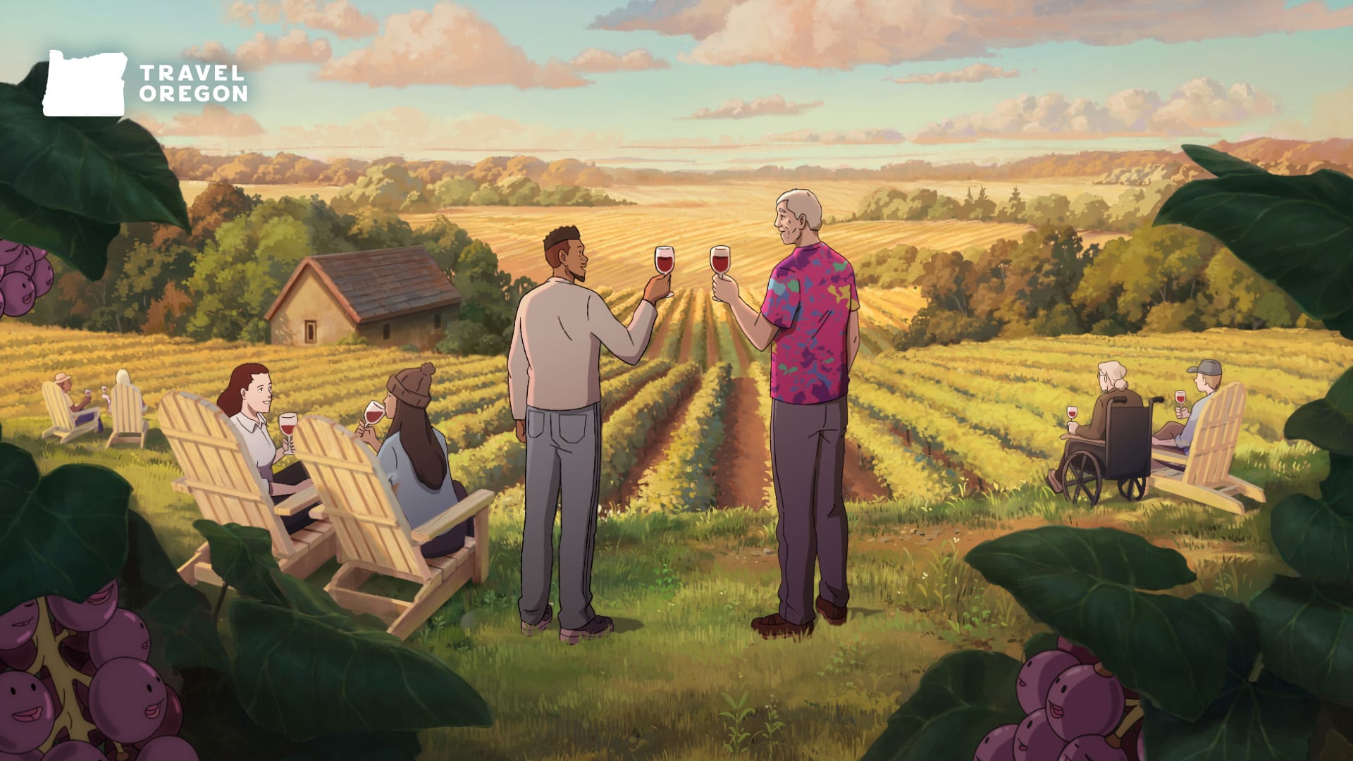 Illustration of two people enjoying wine in a vineyard.