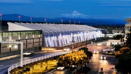 Mt Hood in background of PDX airport