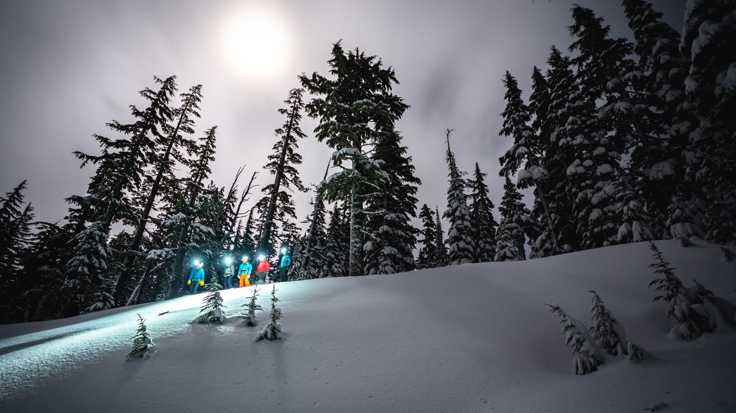 Skiers at the top of a ski slope at night