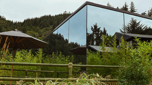 A cabin with glass walls.