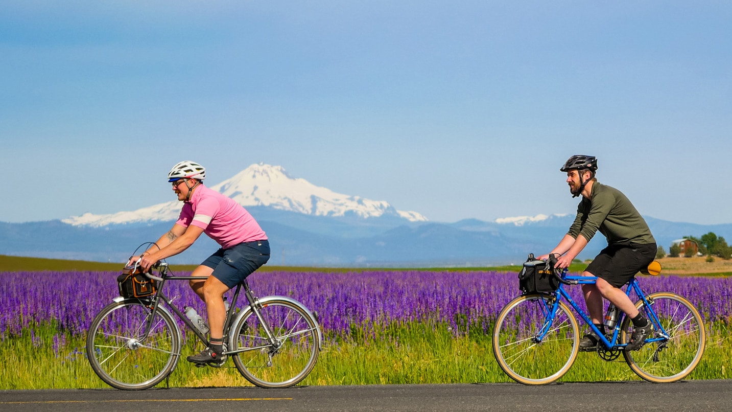 A couple of cyclists ride past a snow capped mountain