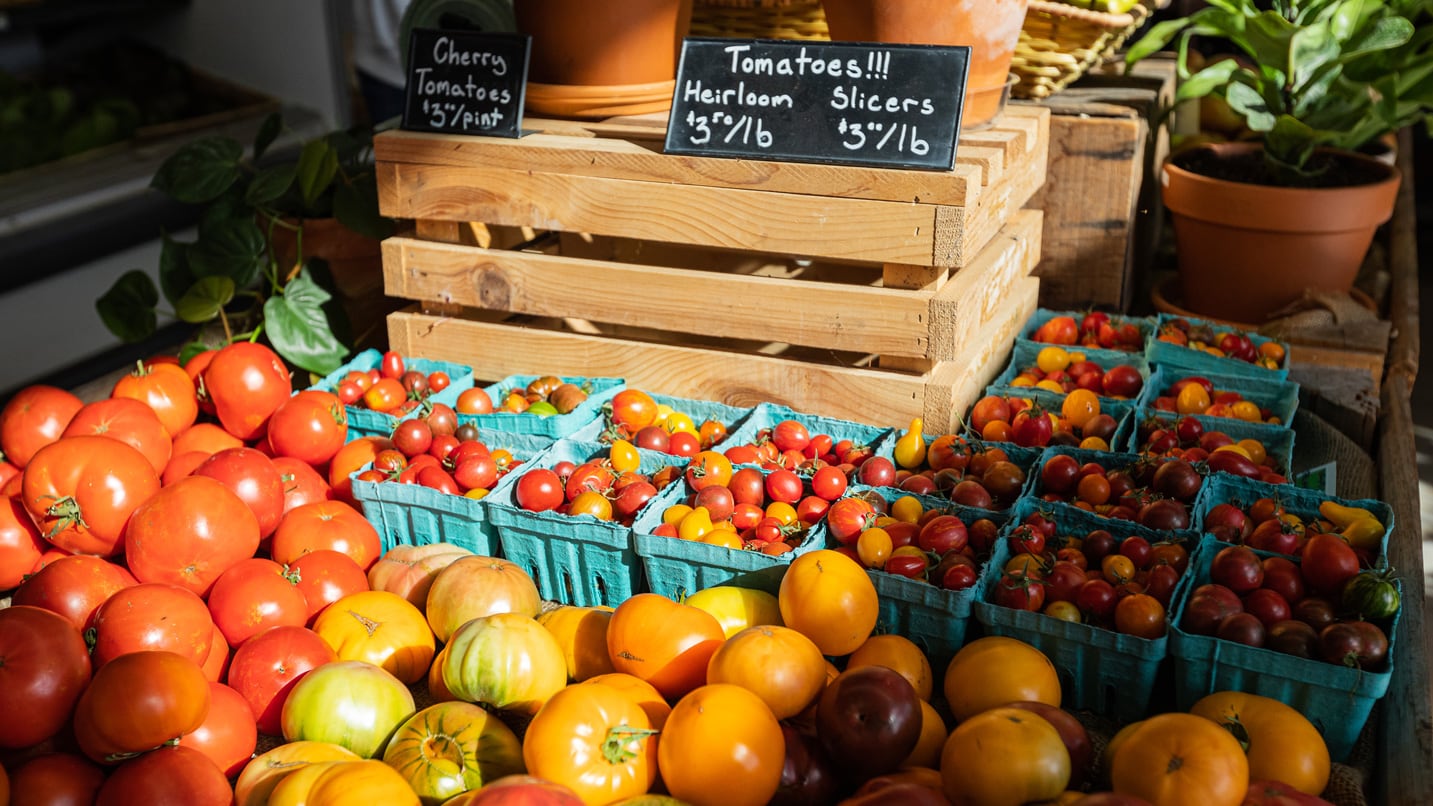 Fresh tomatoes for sale at an outdoor market