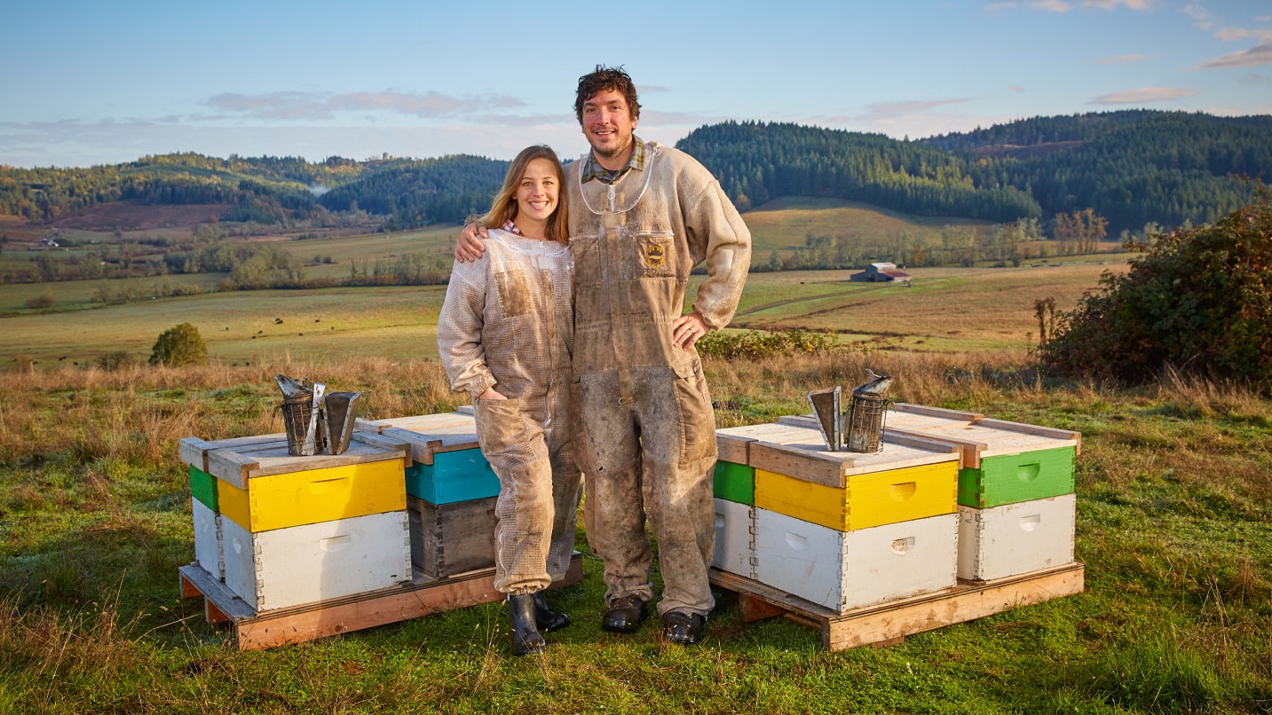 Two people in brown overalls stand next to bee boxes in a large field