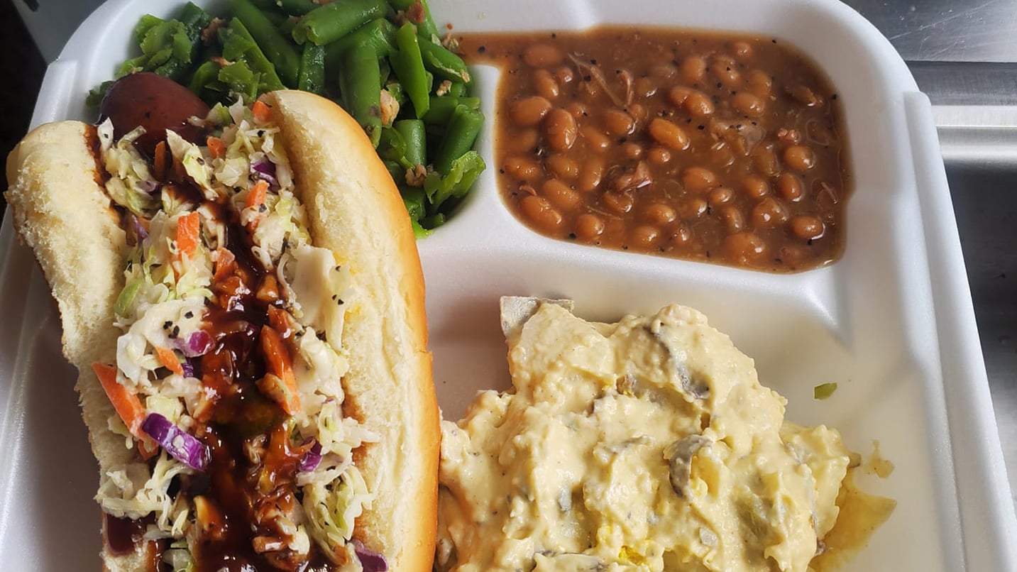 Barbecue sandwich with salads and beans