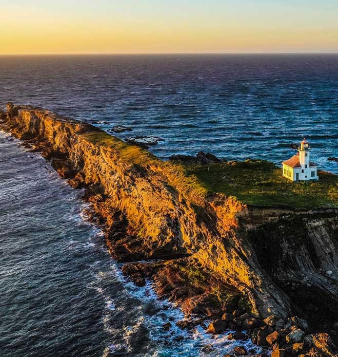 Aerial view of Cape Arago Lighthouse