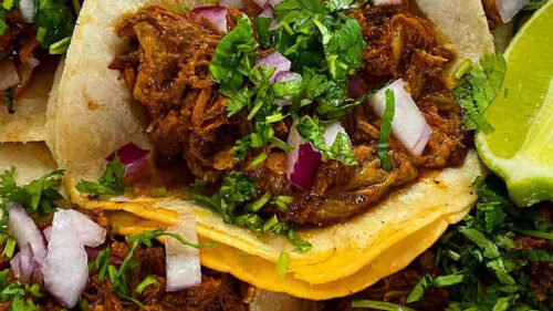 closeup of tacos with meat and cilantro in tortillas