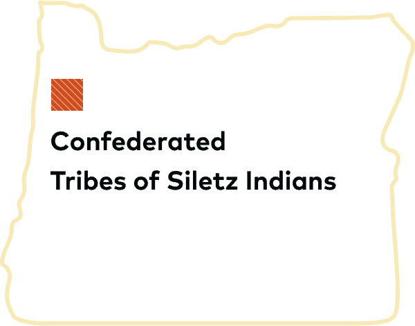 Outline of Oregon with Confederated Tribes of Siletz Indians tribal land displayed.