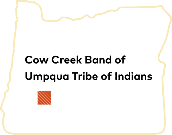 Outline of Oregon with Cow Creek Band of Umpqua Tribe of Indians tribal land displayed.