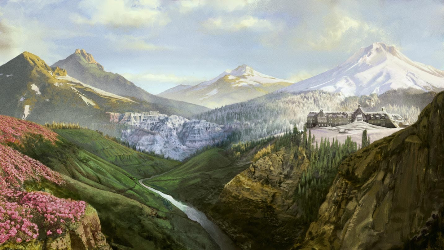 illustration of green and white mountains, valleys and sky