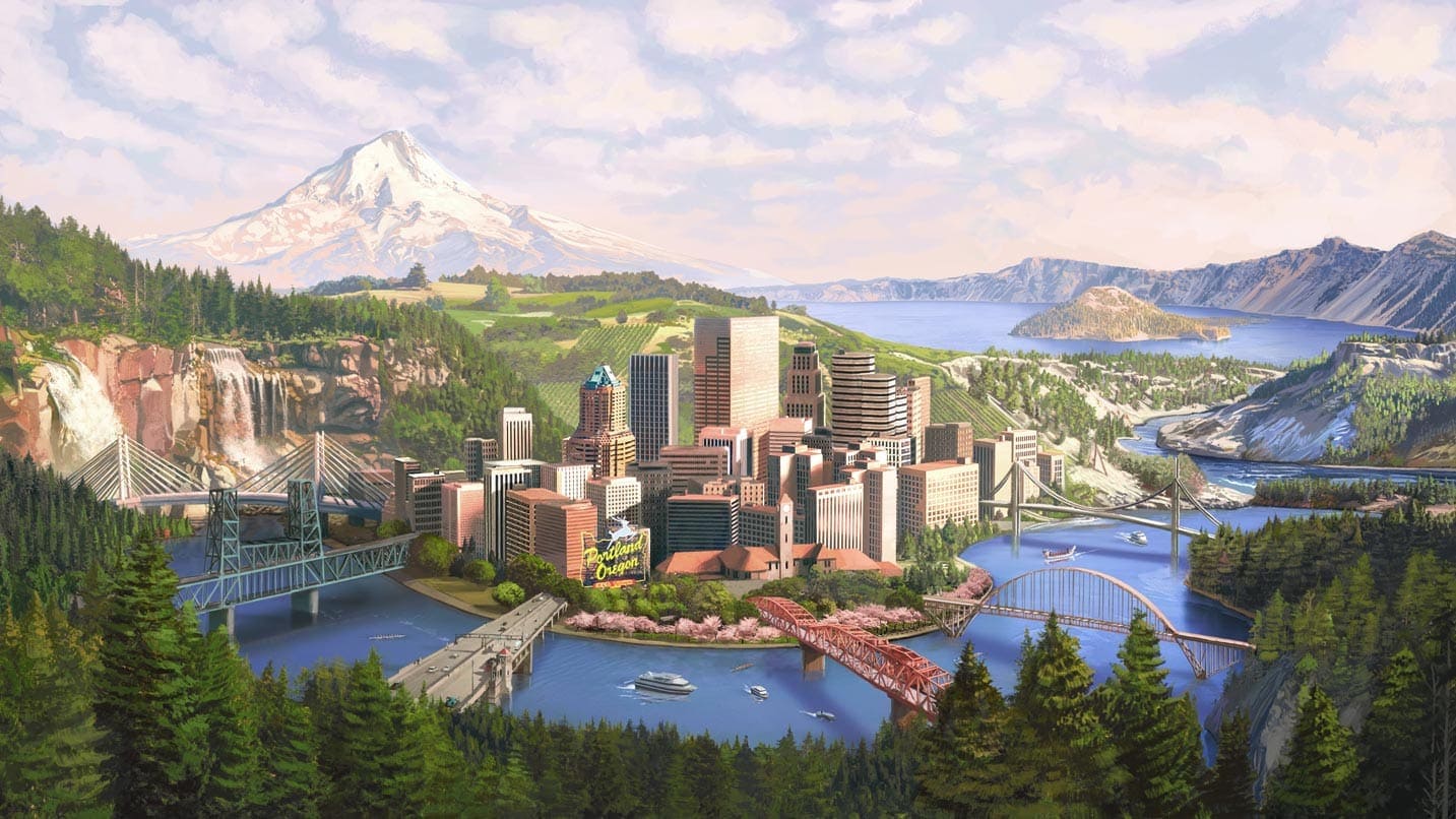 illustration of buildings surrounded by river, bridges and a snow-covered mountain with sky and clouds in background