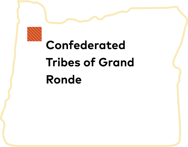 Outline of Oregon with Confederated Tribes of Grand Ronde tribal land displayed.
