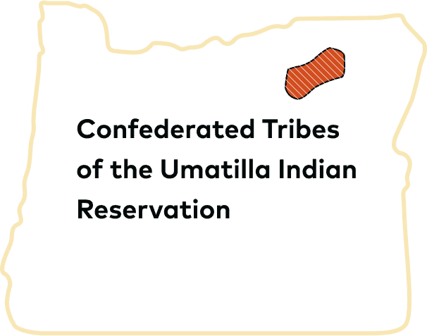 Outline of Oregon with the Confederated Tribes of the Umatilla Indian Reservation tribal land displayed.