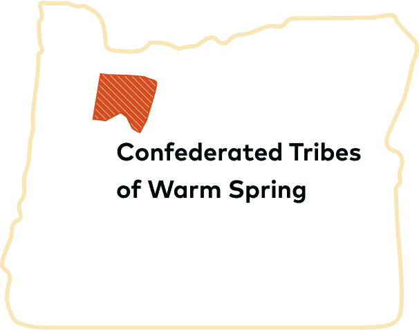 Outline of Oregon with Confederated Tribes of Warm Springs tribal land displayed.